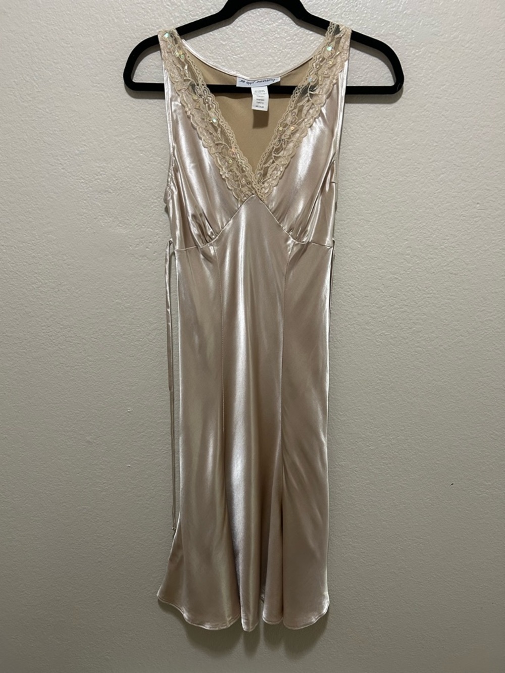 Y2K Champagne Satin Lace & Sequin Bust Panel Dress Fairycore Coquette Nymphcore